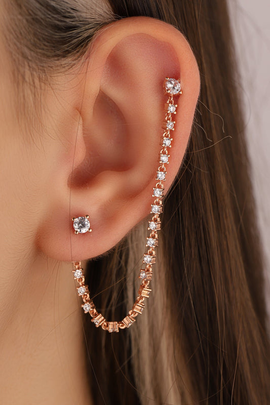 Single Stone Dangle Chain Silver Earrings
