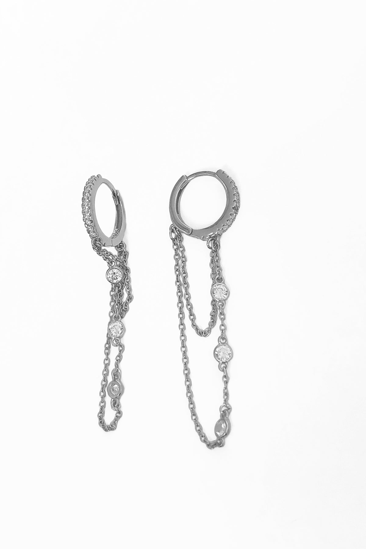 Three Stone Dangle Chain Silver Earring, Double Chain Hoop Hinged Earrings