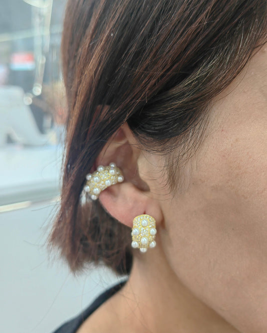 Elegant Pearl Thick Silver Hoop Earrings • Pearl Hoop Earrings