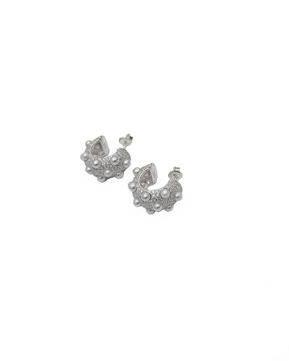 Elegant Pearl Thick Silver Hoop Earrings • Pearl Hoop Earrings