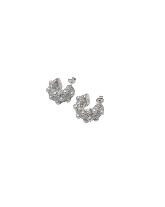 Elegant Pearl Thick Silver Hoop Earrings • Pearl Hoop Earrings