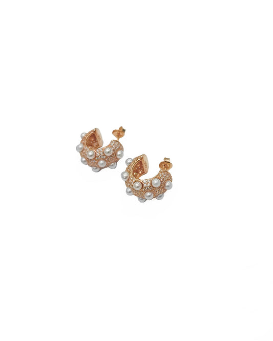 Elegant Pearl Thick Silver Hoop Earrings • Pearl Hoop Earrings
