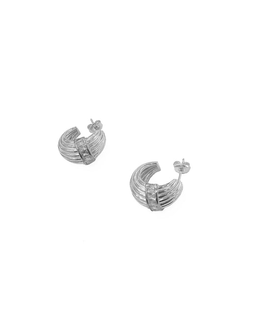 Silver Crescent Moon Earrings with Baguette Stones
