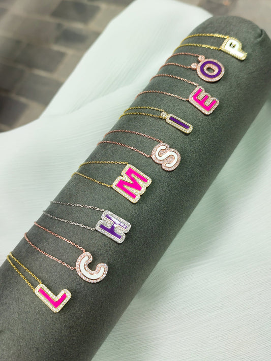 Colorful Enamel Silver Letter Necklace
