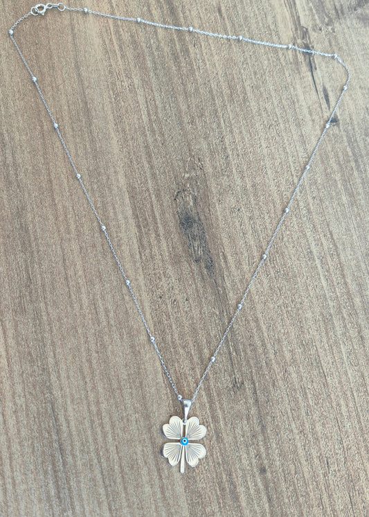 Evil Eye Beads Big Four Leaf Clover Sterling Silver Necklace, Four Leaf Clover Necklace
