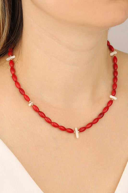 Coral Natural Stone Silver Necklace