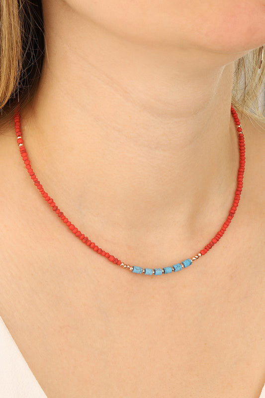 Coral Natural Stone Silver Necklace