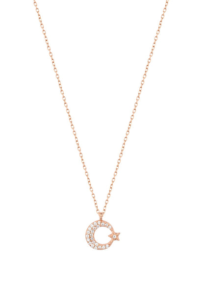 Small Moon and Star Silver Necklace with White Stone