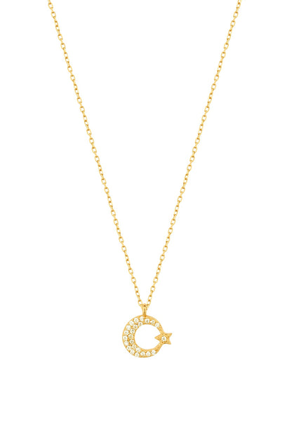 Small Moon and Star Silver Necklace with White Stone