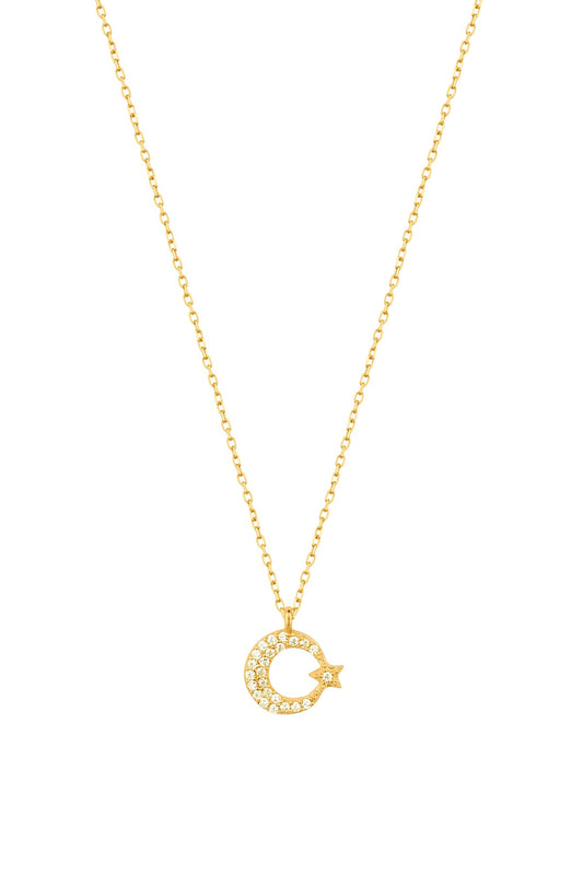 Small Moon and Star Silver Necklace with White Stone