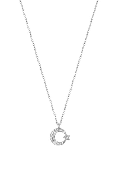 Small Moon and Star Silver Necklace with White Stone
