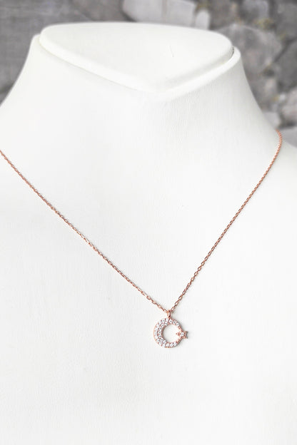 Small Moon and Star Silver Necklace with White Stone
