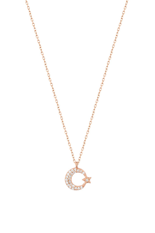 Small Moon and Star Silver Necklace with White Stone