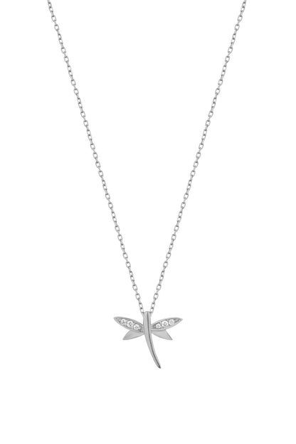 White Stone Dragonfly Silver Necklace