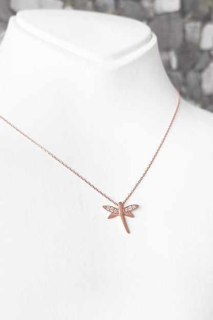 White Stone Dragonfly Silver Necklace
