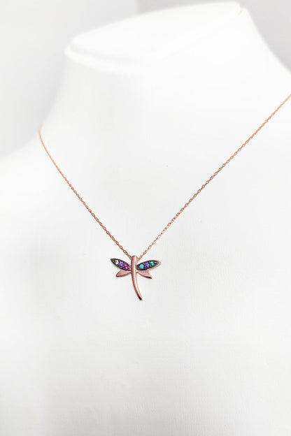 Colored Stone Dragonfly Silver Necklace