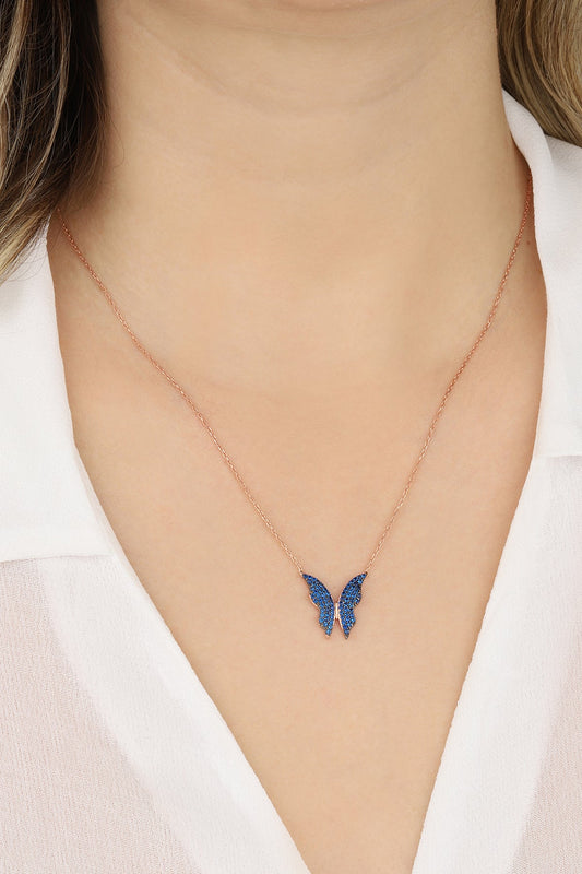 Navy Blue Stone Silver Butterfly Necklace