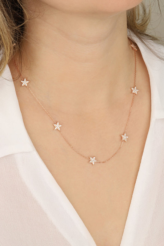Multi Star Silver Necklace with White Stone