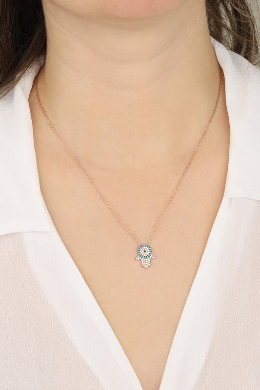 Turquoise and White Stone Hamsa Silver Necklace