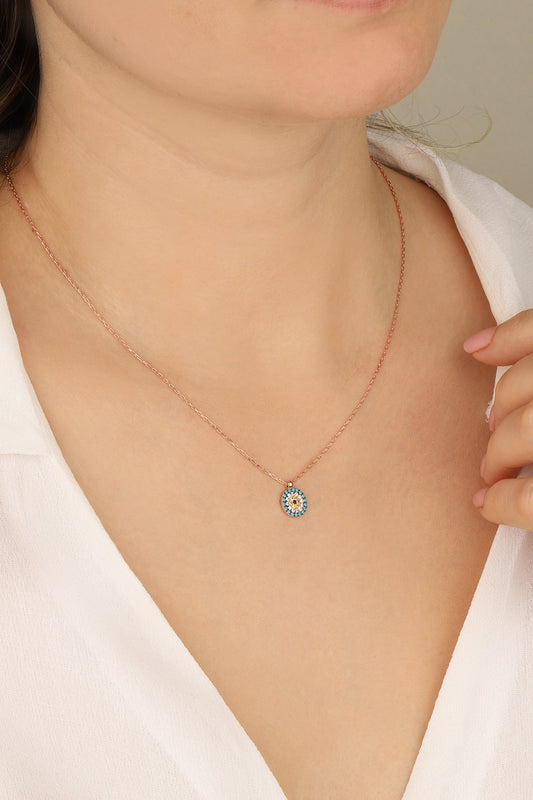 Turquoise Stone Silver Evil Eye Necklace