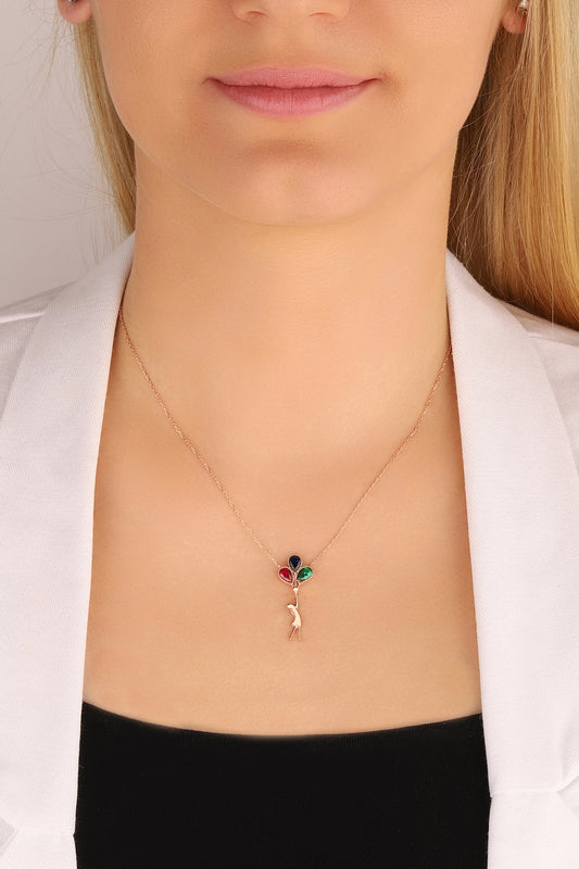 Colorful Stone Girl Silver Necklace With Balloon, Dainty Silver Necklace with Colorful Stones, Charm Pendant, Girl with Umbrella Necklace
