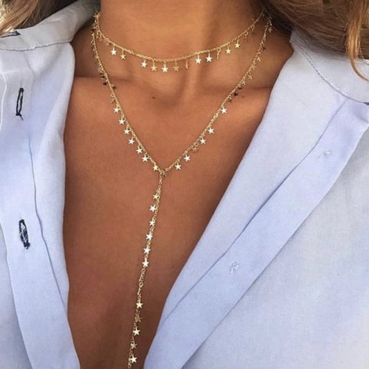 Choker and Y Necklace 2 in 1 Star Silver Necklace, Dual Charm Choker & Y Necklace Set