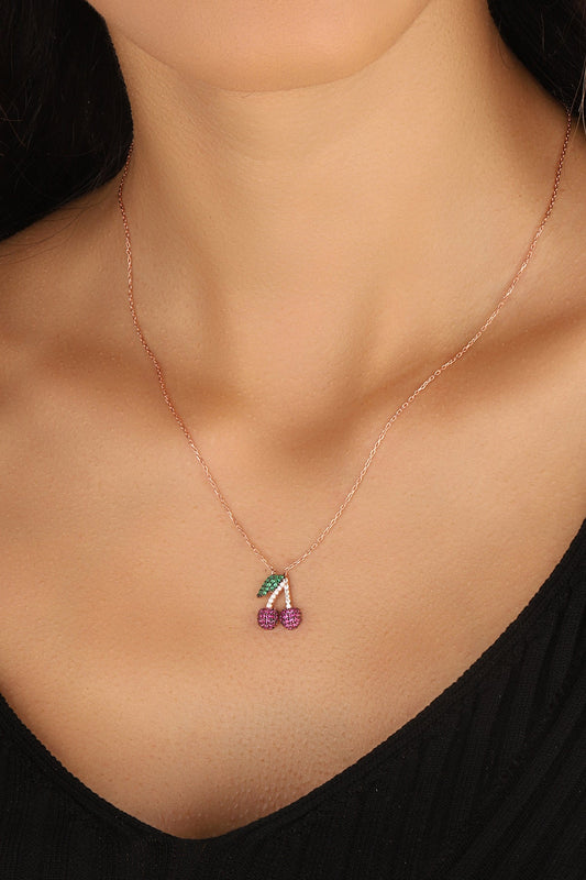 Cherry Necklace | Sterling Silver Cherry Necklace | Red Stone Ruby Necklace | Cherries Charm Necklace