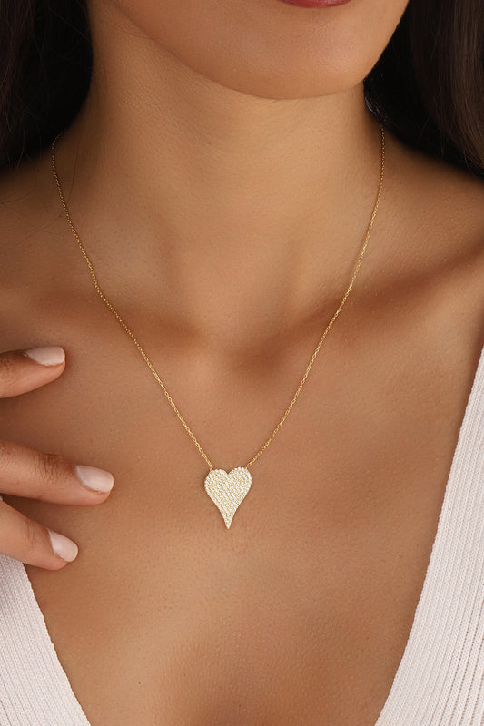 White Stone Silver Heart Necklace, Heart necklace - Pave Elongated Heart Pendant