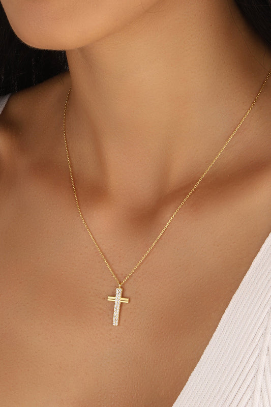 Cross Necklace, 14K Chain Necklace, Cross Pendant Necklace with white Stone