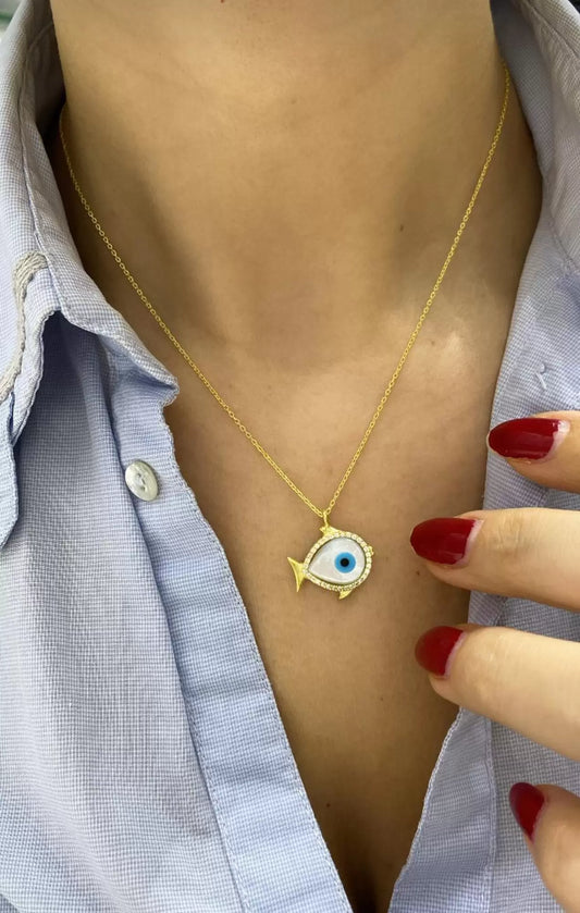 Silver Fish Pendant Necklace Featuring Opal Stone