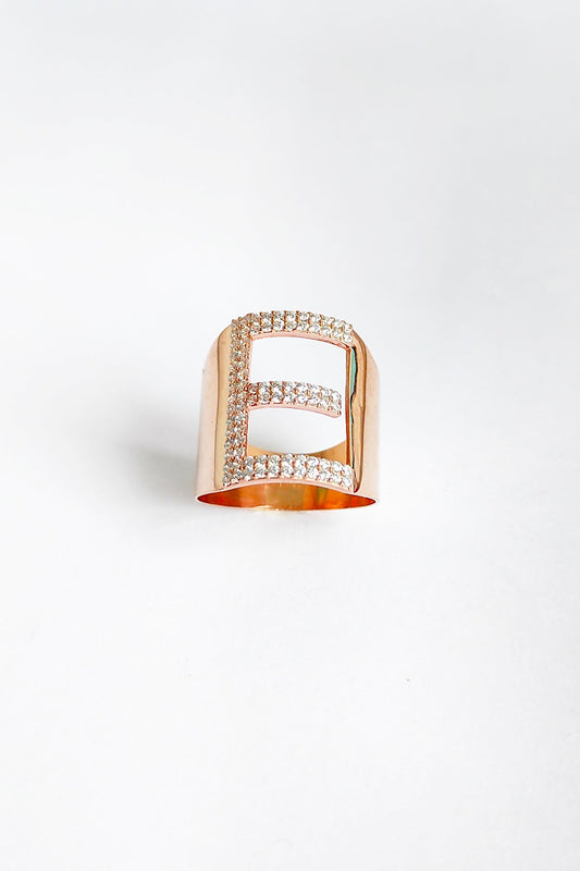 White Stone Silver Letter Ring - E