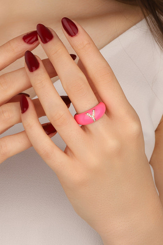 Dark Pink Enameled Silver Letter Ring