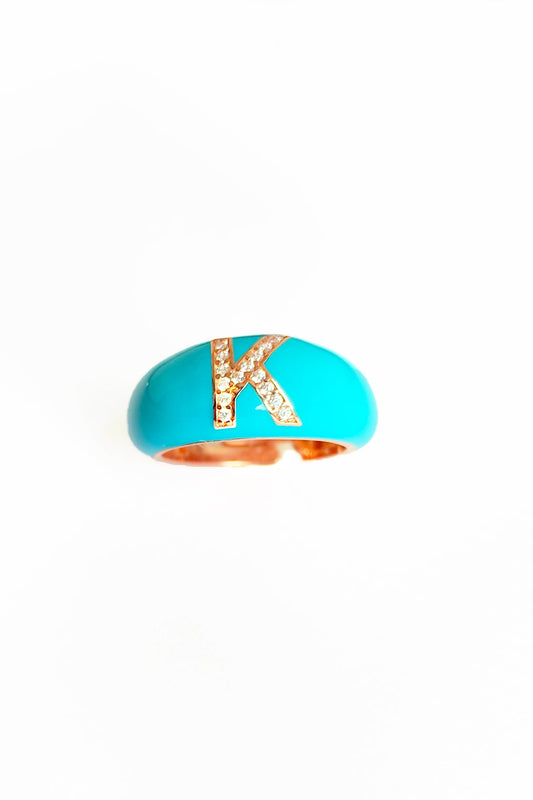 Dark Turquoise Enameled Silver Letter Ring