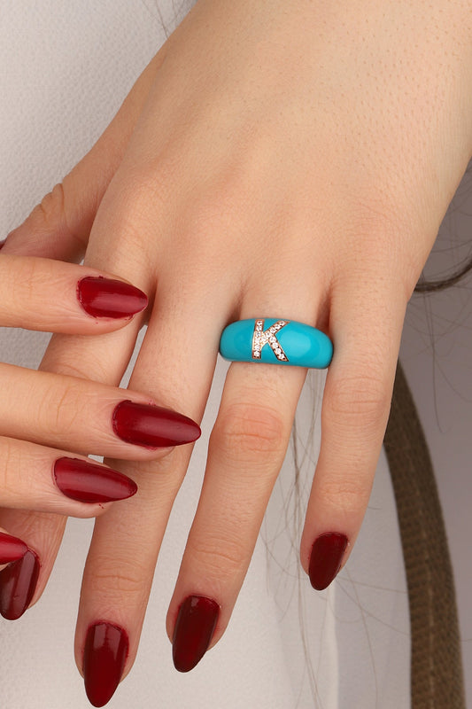 Dark Turquoise Enameled Silver Letter Ring