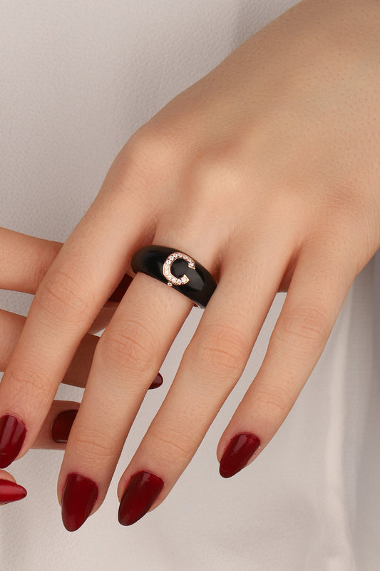 Black Enameled Silver Letter Ring