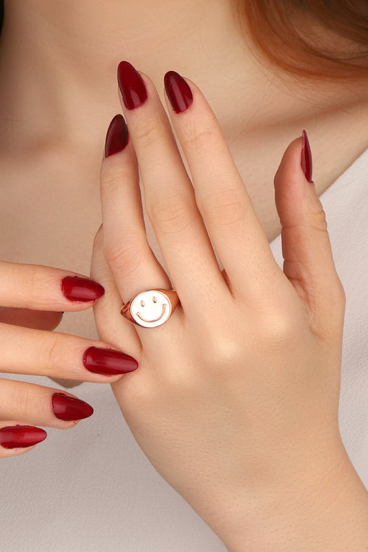 White Enameled Smiley Emoji Silver Ring