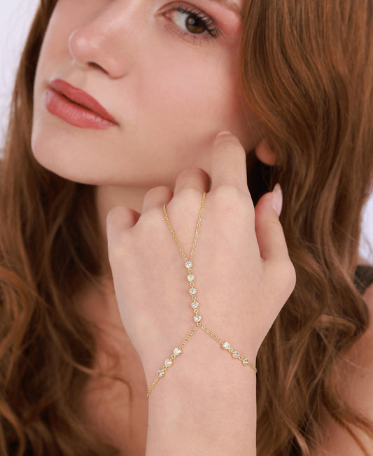 Finger Chain Silver Slave Bracelet with White Stone Heart