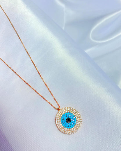 Turquoise Stone Silver Evil Eye Necklace